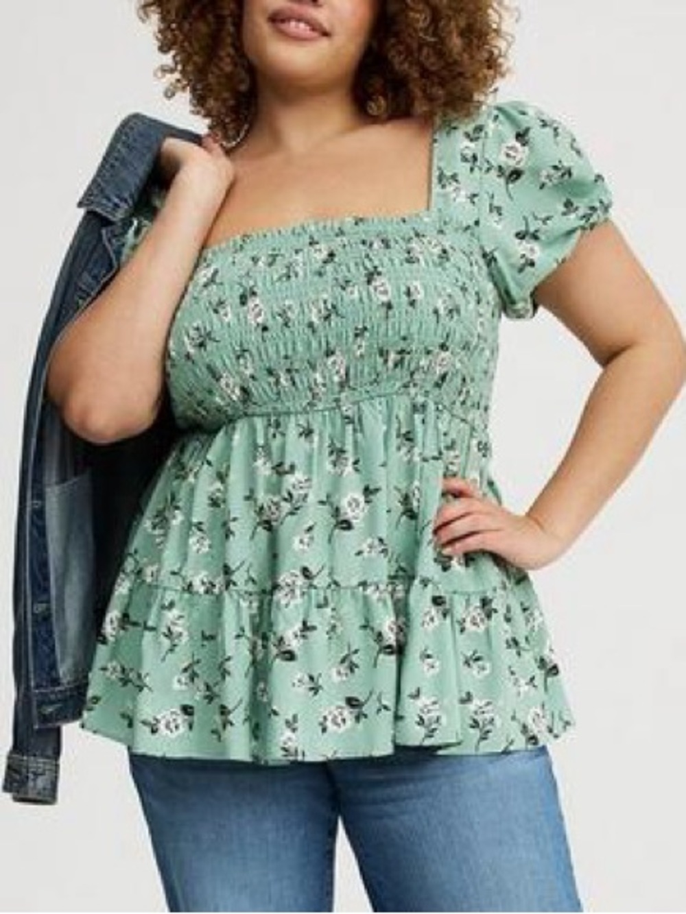 Torrid Sage Green Floral Smocked Square Neck Puff Sleeve Babydoll Top 3X or 3